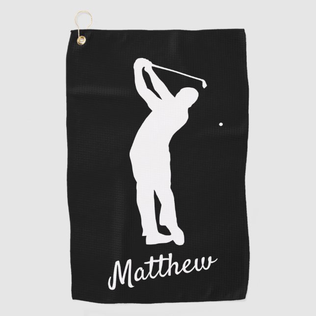 Toalla de golf monogramada "golfer Matthew" b&w (Anverso)