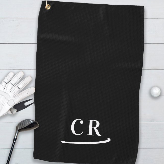 Toalla De Golf Monogramado simple moderno negro y blanco (Simple Monogrammed Modern Modern Black & White Golf Towel)