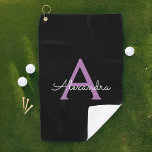 Toalla De Golf Morado Black Script Girly Monograma Nombre<br><div class="desc">Toalla de golf Black and Purple Monogram Name. Esto hace que el dulce perfecto cumpleaños 16,  boda,  ducha de novia,  aniversario,  ducha de bebé o fiesta de soltera sea regalo para alguien que ama el lujo glam y los estilos de moda.</div>