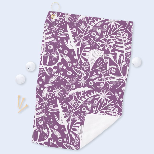 Toalla De Golf Morado botánico moderno (Purple and white botanical leaves and wildflower pattern art golf towel)