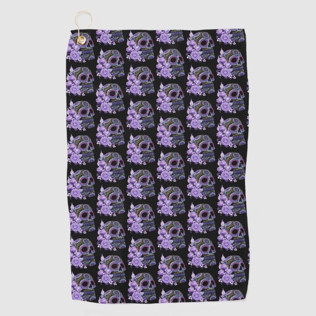 Toalla De Golf Morado Floral Black Sugar Skull Día De Los Muertos (Anverso)