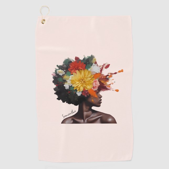 Toalla De Golf Mujer afroamericana con pelo afro floral (2) (Anverso)
