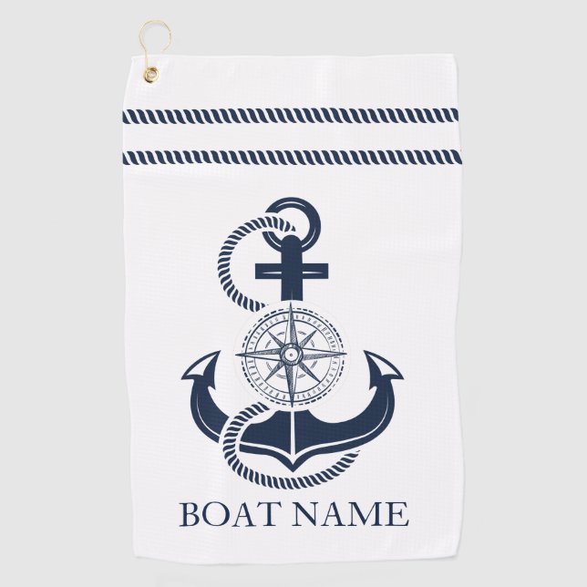 Toalla De Golf Nautical Navy Blue Anchor Nombre del barco (Anverso)