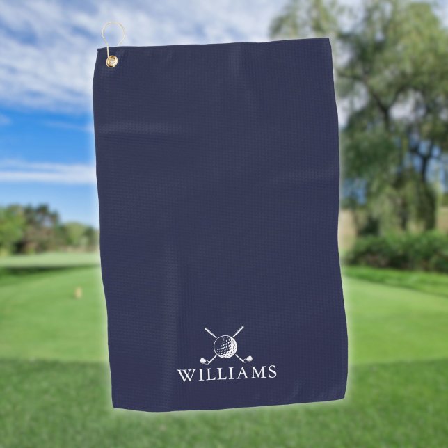 Toalla De Golf Nombra De La Marina Azul Personalizada Cabina De G (Navy Blue Personalized Name Golf Ball And Clubs Golf Towel)