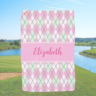 Toalla De Golf Nombre de costumbre rosa pálido y verde argyle señ