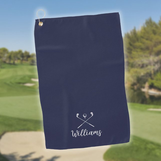 Toalla De Golf Nombre de guión personalizado Clubes de golf Azul (Custom Script Name Golf Clubs Navy Blue Golf Towel)