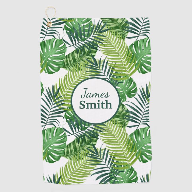Toalla De Golf Nombre de monograma de hojas tropicales verdes (Anverso)