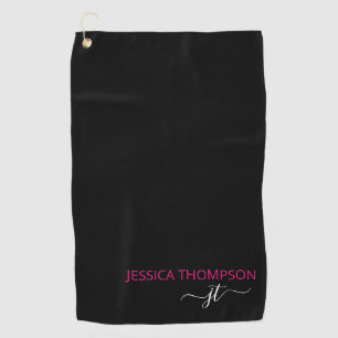 Toalla De Golf Nombre de Monograma Moderno Rosa-Negro Personaliza