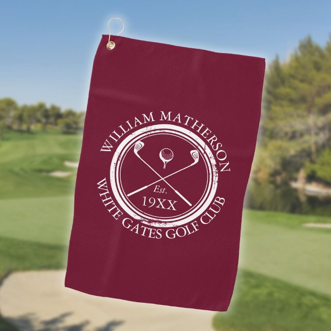 Toalla De Golf Nombre del club de golf personalizado rojo borgoña (Personalized Golf Club Name Burgundy Red Golf Towel)
