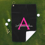 Toalla De Golf Nombre del Monograma de Giro del Guión Negro Calie<br><div class="desc">Toalla de golf Black and Hot Pink Monogram Name. Esto hace que el dulce perfecto cumpleaños 16,  boda,  ducha de novia,  aniversario,  ducha de bebé o fiesta de soltera sea regalo para alguien que ama el lujo glam y los estilos de moda.</div>