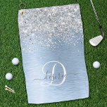 Toalla De Golf Nombre del monograma del Purpurina plateado Metali<br><div class="desc">Personaliza fácilmente este diseño de toallas de golf de moda de moda con un purpurina brillante de bonito plateado sobre un fondo metálico de color azul.</div>