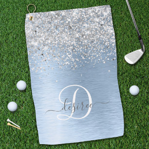 Toalla De Golf Nombre del monograma del Purpurina plateado Metali