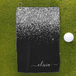 Toalla De Golf Nombre del Monograma Girly del Purpurina de Plata<br><div class="desc">El Purpurina de la espuma negra y plateada se cepilló la toalla Metalizado de Monograma Nombre Golf. Esto hace que el dulce perfecto cumpleaños 16, boda, ducha de novia, aniversario, ducha de bebé o fiesta de soltera sea regalo para alguien que ama el lujo glam y los estilos de moda....</div>