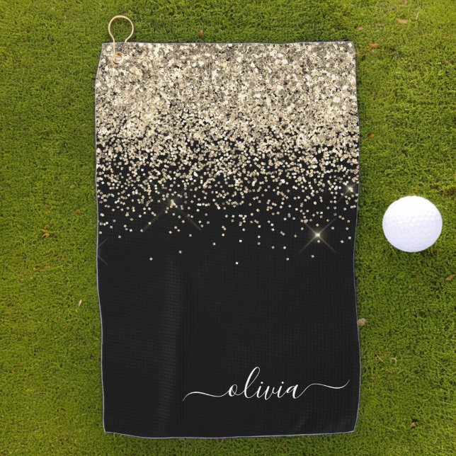 Toalla De Golf Nombre del Monograma Girly del Purpurina Oro Negro (Subido por el creador)
