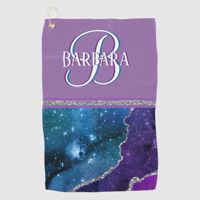 Toalla De Golf Nombre del Monograma Plata Purpurinoso Púrpura Ver (Anverso)