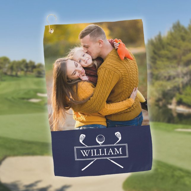 Toalla De Golf Nombre fotográfico personalizado Bola de clubes de (Personalized Photo Name Navy Blue Golf Clubs Ball Golf Towel)