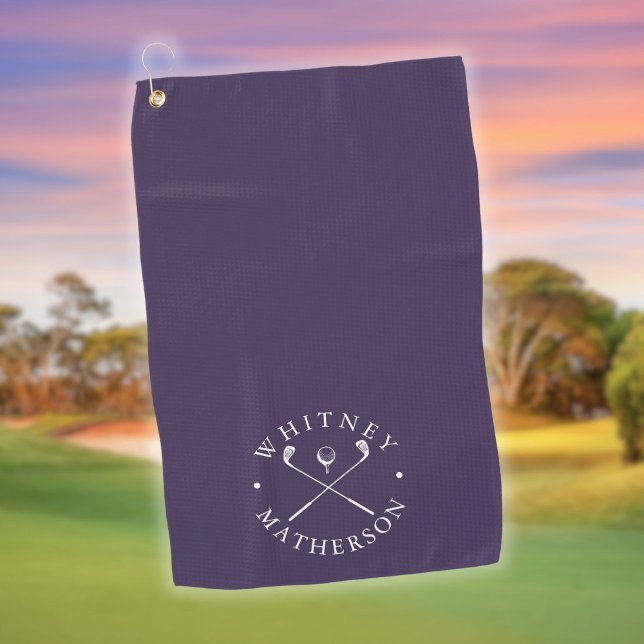 Toalla De Golf Nombre Personalizado De Los Clubes De Golf Púrpura (Purple And White Golf Clubs Personalized Name Golf Towel)