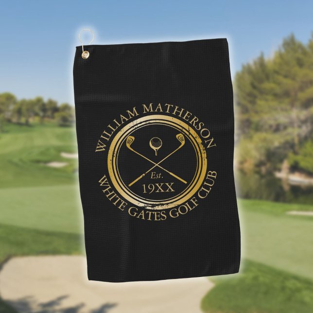 Toalla De Golf Nombre Personalizado Del Club De Golf Negro Y Oro (Personalized Golf Club Name Black And Gold Golf Towel)