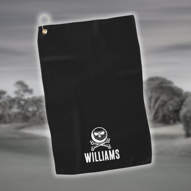Toalla De Golf Nombre Personalizado Skull Golf Ball Y Crossbone (Custom Name Skull Golf Ball And Crossbones Golf Towel)