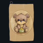 Toalla De Golf Oso Marrón Y Cuidadoso Con Una Pota De Miel<br><div class="desc">Oso marrón adorable sentado con sus patas en una olla de miel dulce amarilla. El arte original está pintado con acuarela y lápices de colores. El fondo detrás del oso es un color tostado con un pequeño punto de polka blanco.</div>