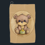 Toalla De Golf Oso Marrón Y Cuidadoso Con Una Pota De Miel<br><div class="desc">Oso marrón adorable sentado con sus patas en una olla de miel dulce amarilla. El arte original está pintado con acuarela y lápices de colores. El fondo detrás del oso es un color tostado con un pequeño punto de polka blanco.</div>