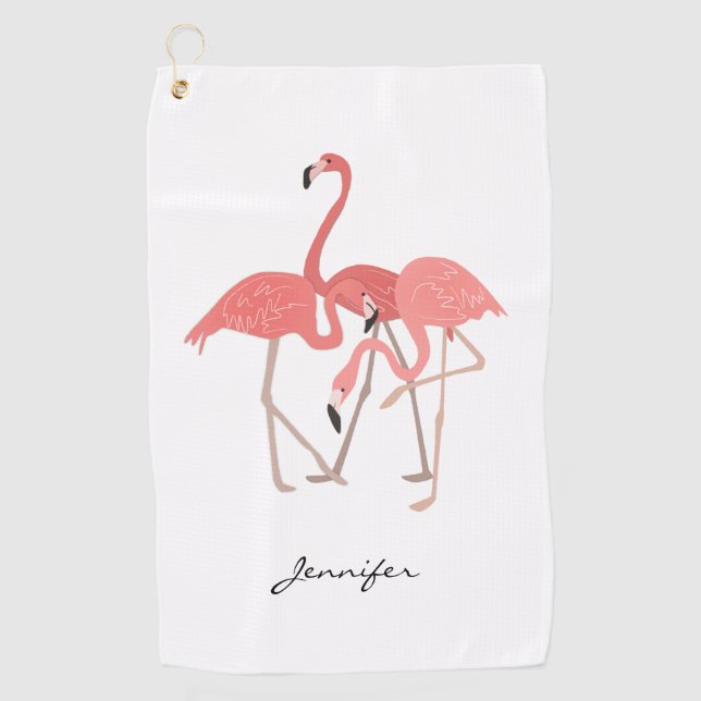 Toalla De Golf Pájaros tropicales Flamingos rosas con tu nombre (Anverso)