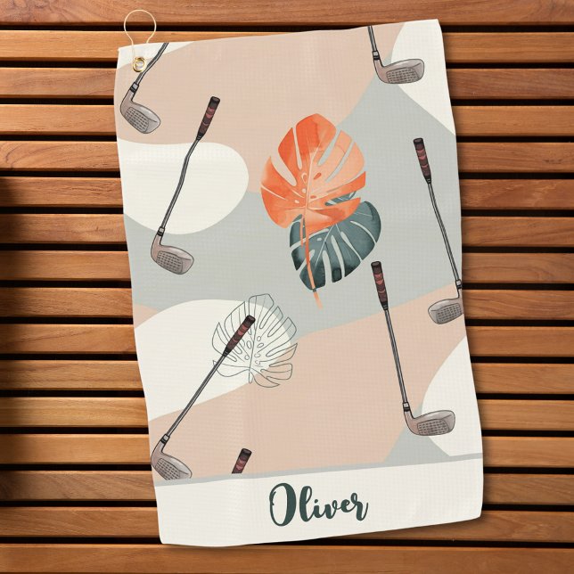 Toalla De Golf Palos de Golf Boho con Patrón de Hojas Tropicales (Subido por el creador)