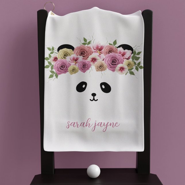 Toalla De Golf Panda Bear Face Personalizado Chica White Golf Toa (A pretty panda bear golf towel with space for your name)