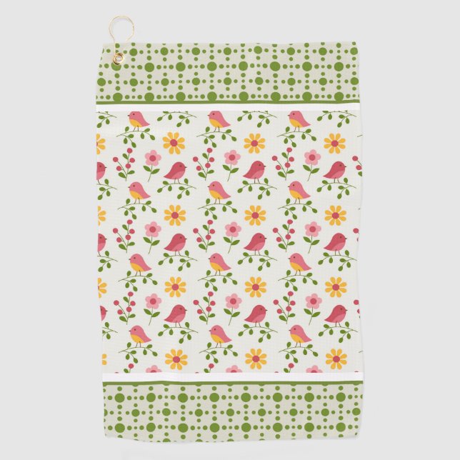 Toalla De Golf Panel de aves de primavera rosada retro (Anverso)