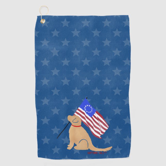 Toalla de golf Patriotic Golden Dog American Flag (Anverso)