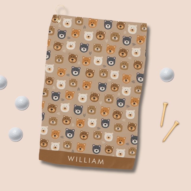 Toalla De Golf Patrón de cabeza de oso de peluche (Cute bear head patterned golf towel.  Customize with your own name, initials or choice of text.)