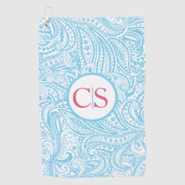 Toalla De Golf Patrón de cachemira azul y monograma rosa