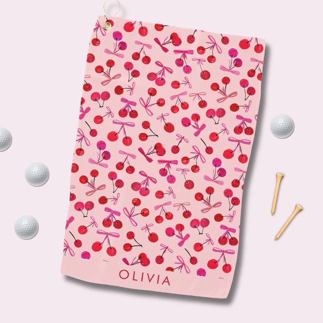 Toalla De Golf Patrón de cerezo y arco (Coquette cherry and bow girly pattern pink golf towel. Personalize with your own name or initials.)