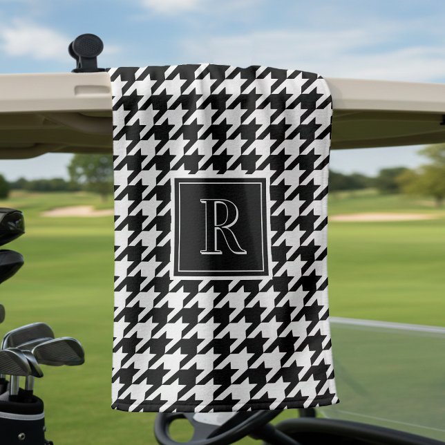 Toalla De Golf Patrón de dientes de perro con monograma en negro  (Monogram Houndstooth Pattern Black & White Golf Towel
)