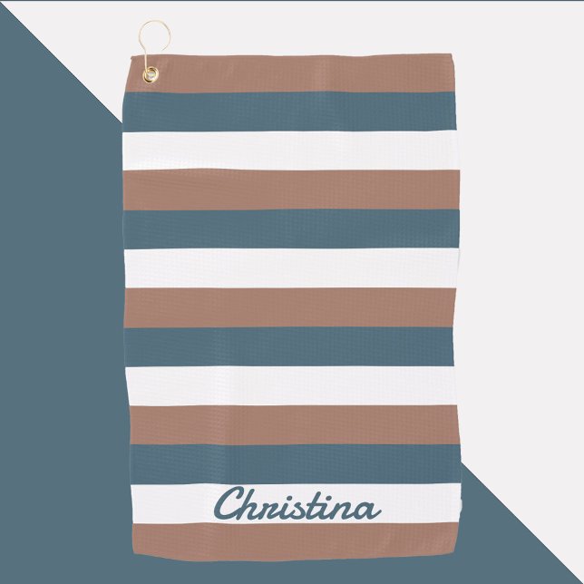 Toalla De Golf Patrón de franjas Personalizado Verde azulado Marr (A golf towel with brown, teal and white stripes.  The name can be changed and personalized.)