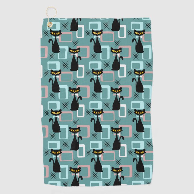 Toalla De Golf Patrón de gato negro de Mid Century (Anverso)