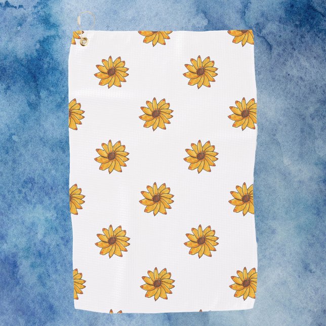 Toalla De Golf Patrón de marcas amarillas de girasol (A golf towel with a pattern of hand drawn sunflowers.)