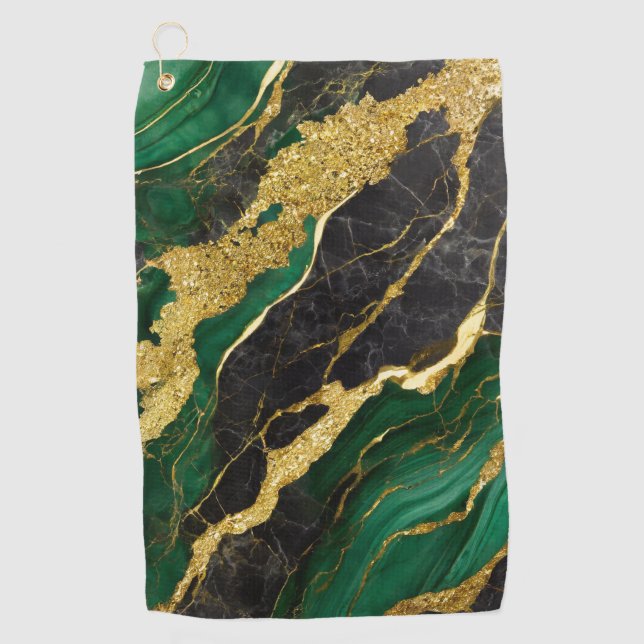Toalla De Golf Patrón de mármol verde con oro (Anverso)
