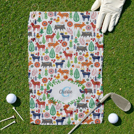Toalla De Golf Patrón de monograma de arte folclórico escandinavo