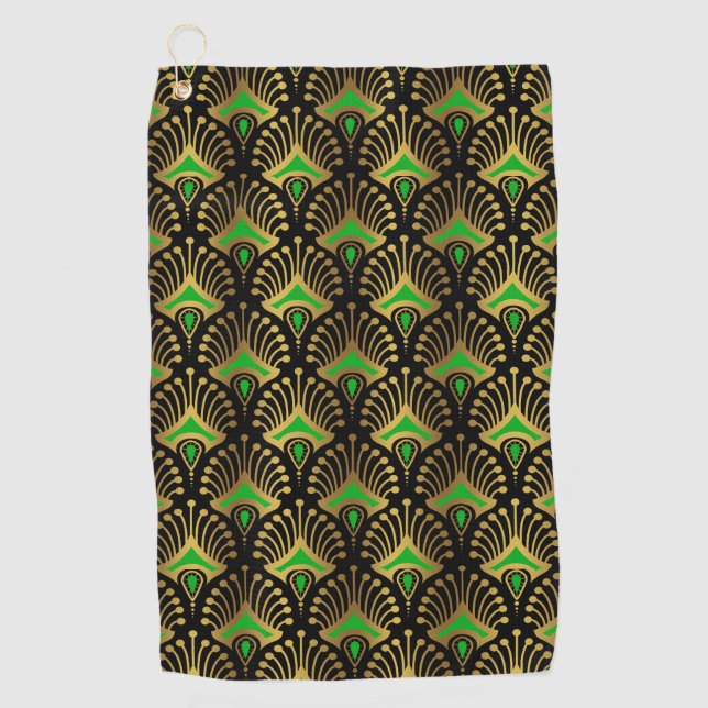 Toalla De Golf Patrón de oro y verde Art Deco sobre negro (Anverso)