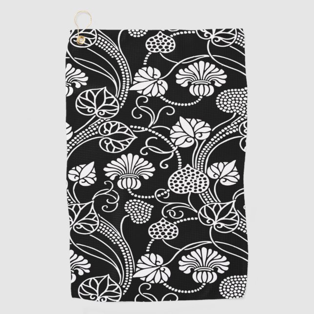 Toalla De Golf Patrón floral antiguo negro sobre blanco (Anverso)