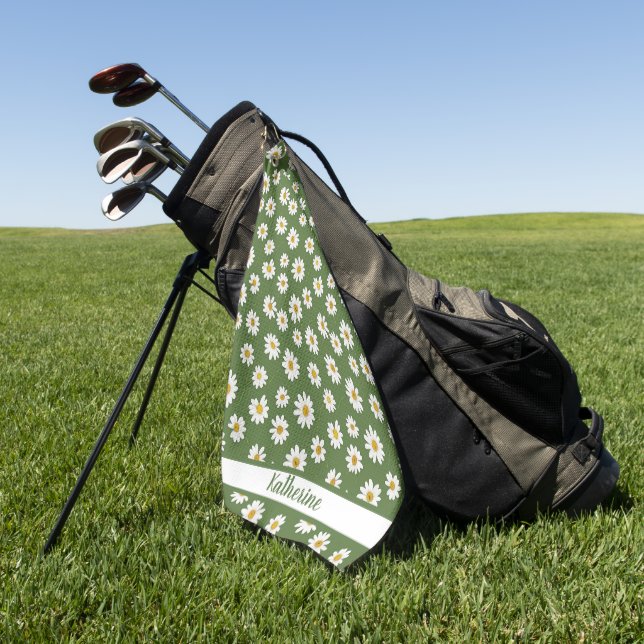 Toalla De Golf Patrón floral Boho Daisy verde Nombre  (Verde)