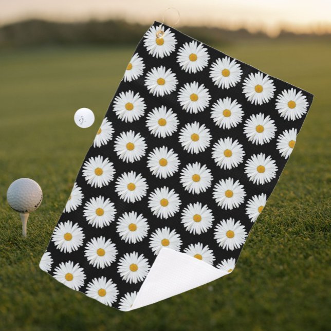 Toalla De Golf Patrón floral de margarita blanca sobre negro (In Situ Golf)