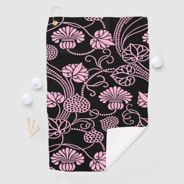 Toalla De Golf Patrón floral retro rosa sobre negro (In situ)