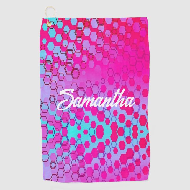Toalla De Golf Patrón hexagonal de gradiente rosa y azul (Anverso)