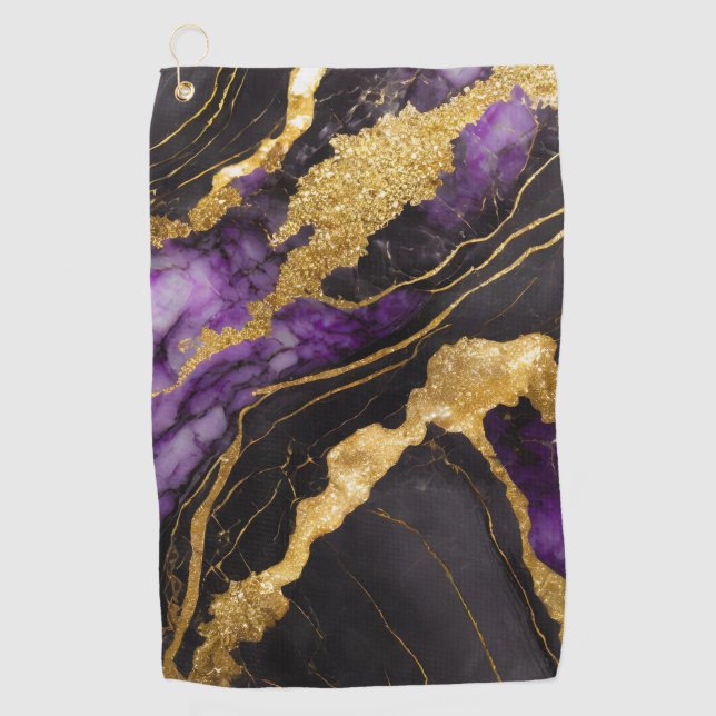 Toalla De Golf Patrón morado de mármol negro con oro (Anverso)