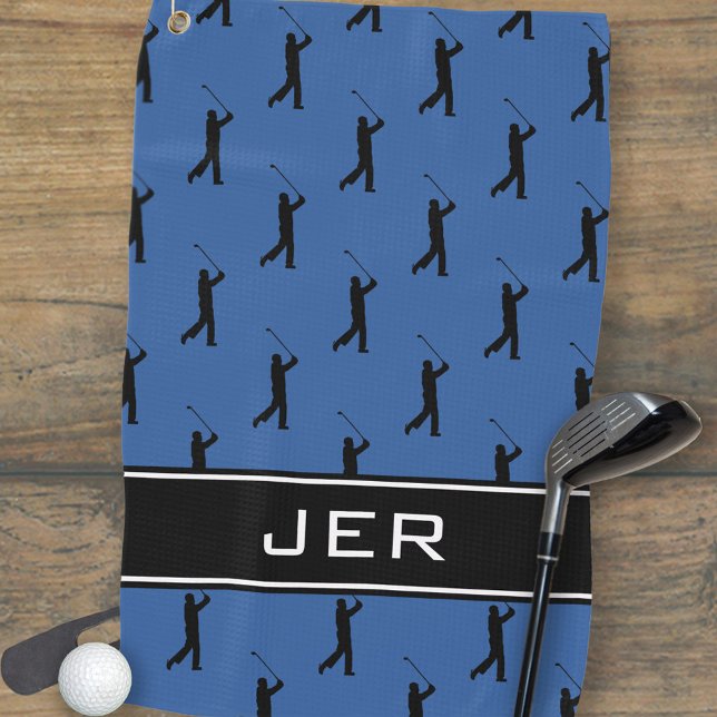 Toalla De Golf Patrón negro de Golfer de Iniciales Personalizados (Customized Initials Golfer Black Pattern Blue Golf Towel)