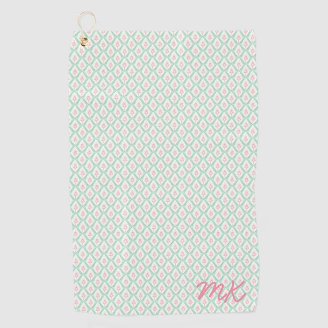 Toalla De Golf Patrón Pastel Girly Verde y Rosa Con Iniciales (Anverso)