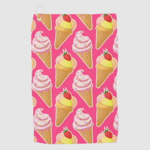 Toalla De Golf Patrón rosa kawaii con helado de fresa