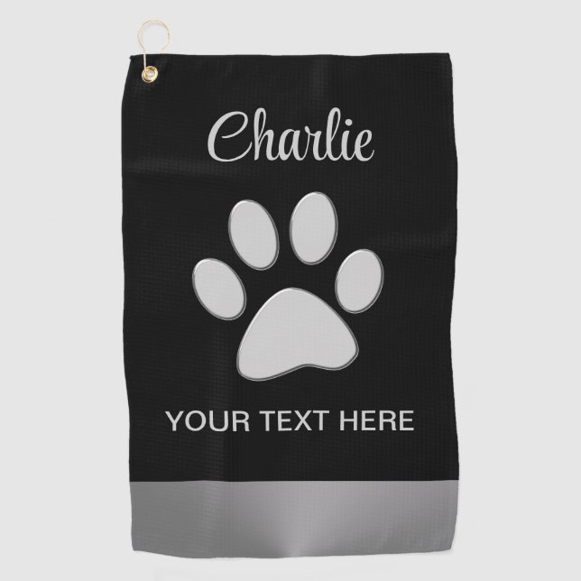 Toalla De Golf Paw de perro plateado sobre fondo negro (Anverso)